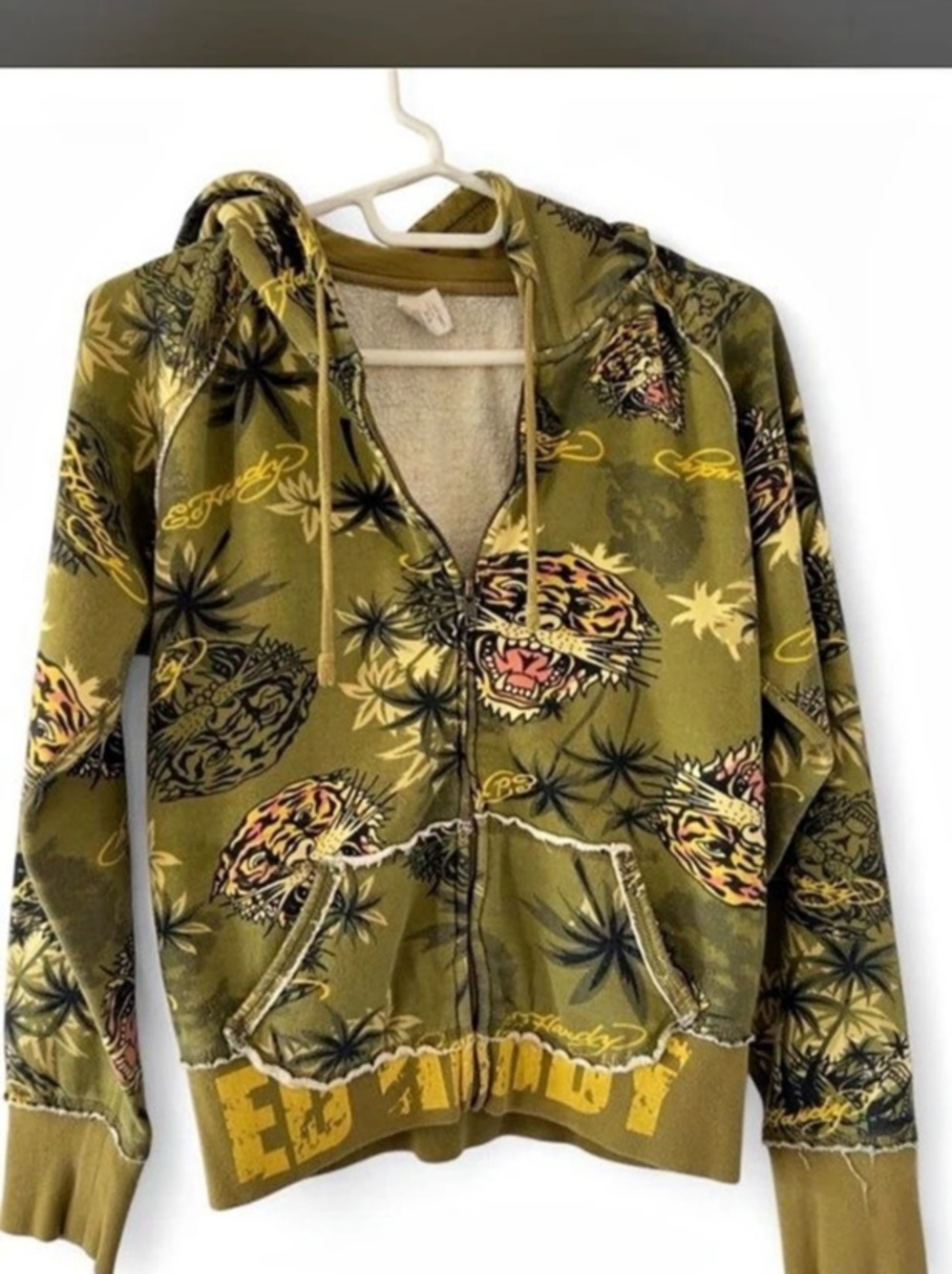 Y2K Ed Hardy Tiger Graphic Full Zip Hoodie Floral Bomber Jacket in Green & Yello